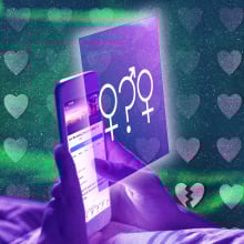 A composite illustration showing a person scrolling in bed with the "Are We Dating The Same Guy" Facebook group on their phone screen.