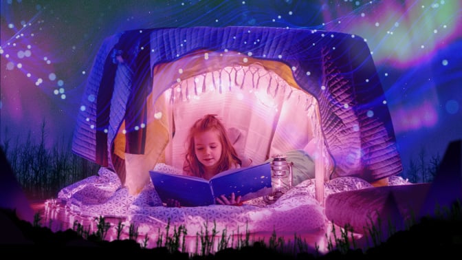 A girl reads underneath a bedroom tent, in a composite image. 