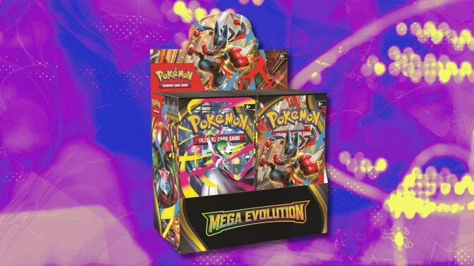pokémon tcg: mega evolution enhanced booster display box against a purple patterned background