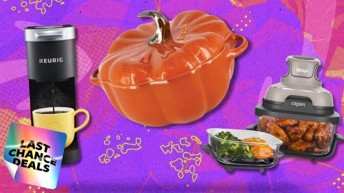 Keurig single-serve mini, staub pumpkin baking dish, and ninja crispi against a colorful background with sticker that reads 'last-chance deals'