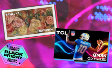 The Frame TV and TCL QM8K Mini LED TV arranged on purple backdrop with "deals deals deals" tag in corner