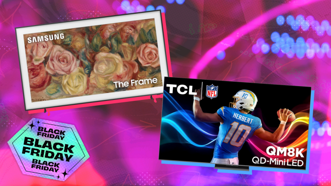 The Frame TV and TCL QM8K Mini LED TV arranged on purple backdrop with "deals deals deals" tag in corner