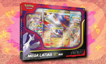 Mega Evolution Mega Latias ex Box on a pink and purple patterned background