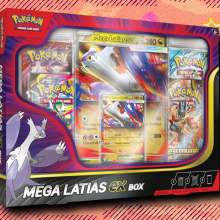 Mega Evolution Mega Latias ex Box on a pink and purple patterned background