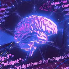 An illustration of a brain surrounded by purple code.