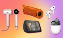 Sony ULT Field 1, Apple AirPods Pro 2, Google Pixel Buds A-Series, T3 Aire IQ, and Echo Show 5 with purple, orange, and yellow background