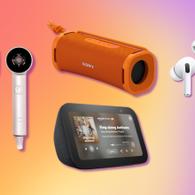 Sony ULT Field 1, Apple AirPods Pro 2, Google Pixel Buds A-Series, T3 Aire IQ, and Echo Show 5 with purple, orange, and yellow background