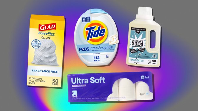 Glad trash bags, Tide laundry pods, Up & Up toilet paper, and Molly's Suds laundry detergent arranged on gray background with color gradient