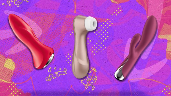 Satisfyer sex toys against a purple background. 