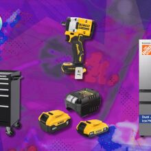 Home Depot Black Friday deal items on pink and purple abstract background