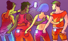 backs of four people with their hands in each others' back pockets taking a selfie together