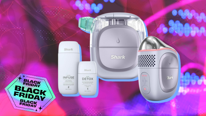Shark FacialPro Glow skincare device and skincare bottles on purple backdrop with Black Friday stick in corner