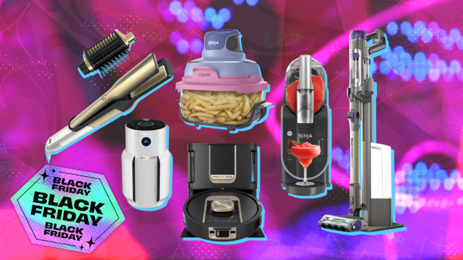 Shark Glam hair styler, Shark NeverChange air purifier, Ninja Crispi air purifier, Shark robot vacuum, Ninja Slushi, Shark cordless vacuum arranged on purple backdrop indicating Black Friday deals