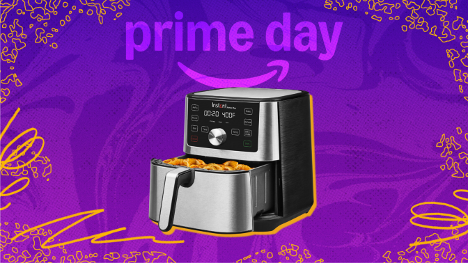 Instant Pot basket air fryer arranged on swirly orange and purple Prime Day themed backdrop