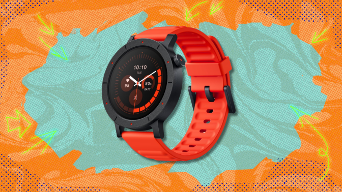 A bright orange CMF By Nothing Watch 3 Pro smart watch against a green and orange background. 