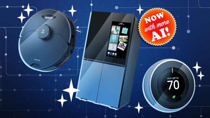 appliances in a cartoony space environment touted as "Now with more AI!"