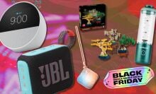 an amazon echo spot, JBL speaker, orastoe hand warmer, Lego bonsai tree set, and portable nutribullet blender all on a purple Black Friday background