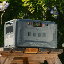 Bluetti Apex 300 solar generation on table outdoors