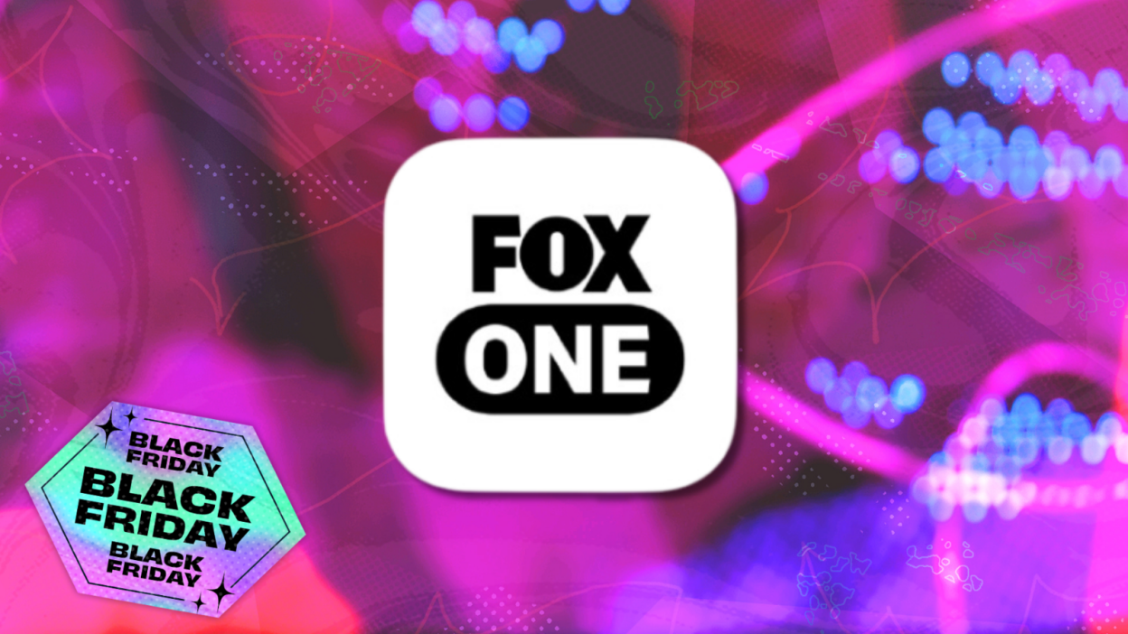 Fox One logo with pink and blue black friday background
