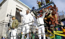 Busta Rhymes on the World of the Teenage Mutant Ninja Turtles float during the 2025 Macy's Thanksgiving Day Parade