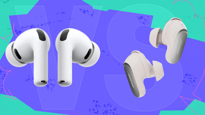 airpods pro 3 and bose qc ultra earbuds on abstract background that says "vs"