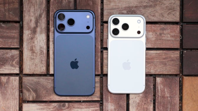 iphone 17 pro max in blue next to iphone 17 pro