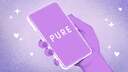 A hand holding a purple smartphone with the word "PURE" on the screen.