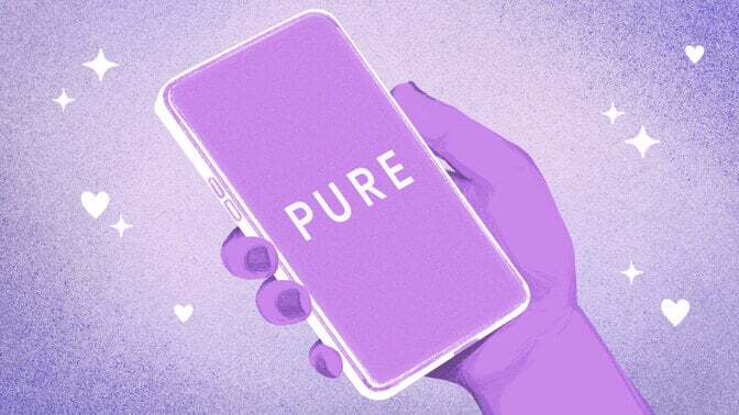 A hand holding a purple smartphone with the word "PURE" on the screen.