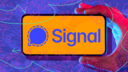 Hand holding phone with Signal logo against abstract background