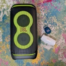 jbl charge 6, jbl clip 5, and jbl partybox stage 320 speakers