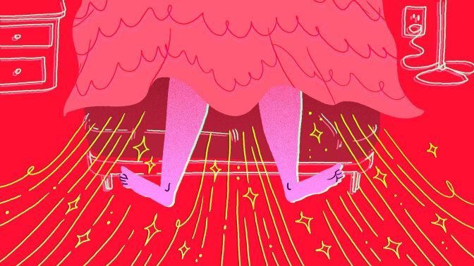 legs surrounded by sparks sticking out from underneath bed covers