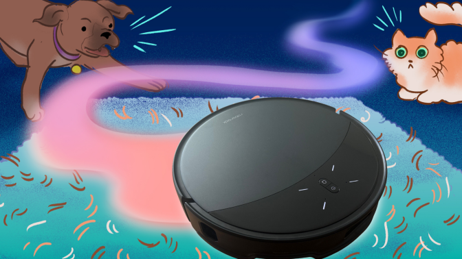 Roborock Saros 10R robot vacuum featured in illustration of carpet with dog and cat in background