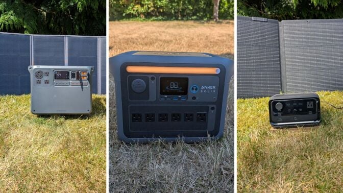 portable power stations from EcoFlow, Anker, and DJI in separate photos while they all sit in a grassy yard.