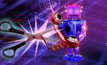 scissors cutting cord on robot making phone call