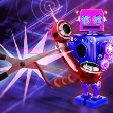 scissors cutting cord on robot making phone call