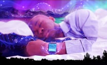 A person sleeping while wearing a sleep tracker surrounded by a dreamy graphics.