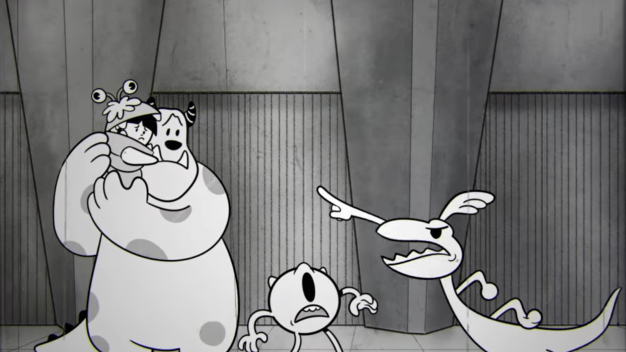 Screenshot of Mike, Sulley, Boo, and Randall in Pixar Remix: Monsters, Inc.
