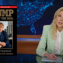 A man sitting behind a talk show desk puts her head in her hand, looking weary. On the left is an image of Trump's "The Art of the Deal" book.