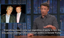 A screenshot of 'Late Night with Seth Meyers,' showing Meyers next to a photo of Donald Trump and Jeffrey Epstein together. At the bottom is a quote: "Everything should come out regardless of party. In fact, the only person making it about partisan politics is Donald Trump."