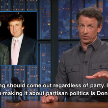 A screenshot of 'Late Night with Seth Meyers,' showing Meyers next to a photo of Donald Trump and Jeffrey Epstein together. At the bottom is a quote: "Everything should come out regardless of party. In fact, the only person making it about partisan politics is Donald Trump."