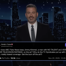 A man in a suit stands on a talk show stage. At the bottom is a screenshot of a post from Truth Social.