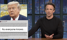 A man sits behind a talk show desk. On the left is an image of the president, and a screenshot from Truth Social.