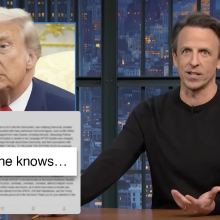 A man sits behind a talk show desk. On the left is an image of the president, and a screenshot from Truth Social.