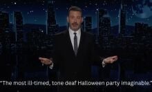 A man in a suit stands on a talk show stage. The caption reads, "The most ill-timed, tone deaf Halloween party imaginable."