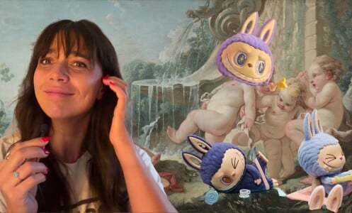 Collage of a Rococo painting mixed with labubu dolls (right) and Mashable's Cristianna Silva (left)