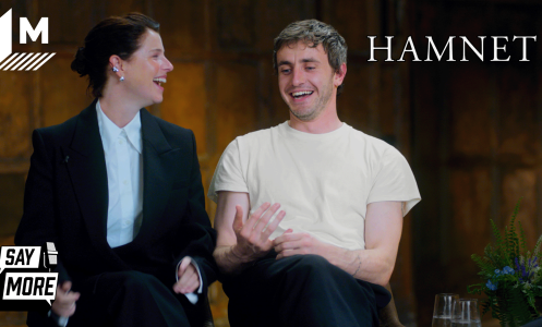 Paul Mescal and Jessie Buckley laughing during the content day for 'Hamnet'