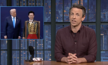 Seth Meyers presents "Late Night" beside a picture of President Donald Trump and President Lee Jae Myung.