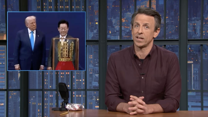 Seth Meyers presents "Late Night" beside a picture of President Donald Trump and President Lee Jae Myung.