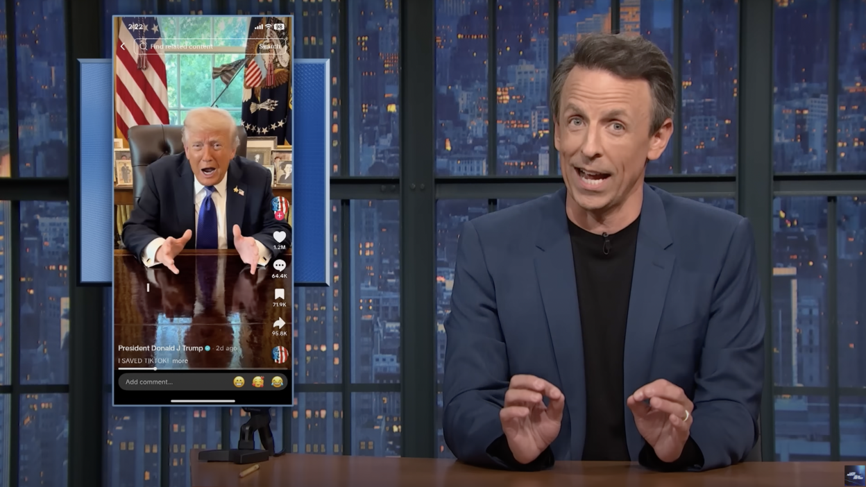 Seth Meyers presents "Late Night" beside a screenshot of Donald Trump's TikTok post.