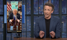 Seth Meyers presents "Late Night" beside a screenshot of Donald Trump's TikTok post.